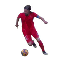 Naklejka premium Soccer player in red jersey is running with ball, abstract geometric vector silhouette
