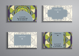 visiting card and business card big set. Floral mandala pattern and ornaments. Oriental design Layout, ottoman motifs. Front page and back page.