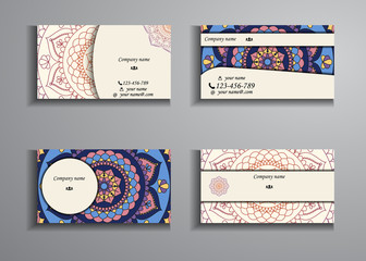 visiting card and business card big set. Floral mandala pattern and ornaments. Oriental design Layout, ottoman motifs. Front page and back page.