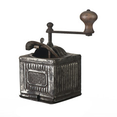 Old iron vintage coffee grinder on a white background