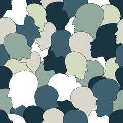 Fototapeta premium Seamless pattern of a crowd of many different people profile heads. Vector background.