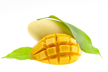 mango with leaves isolated on white background.