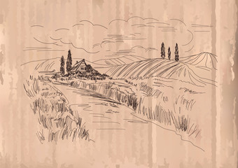 Hand drawn vector Illustration of wheat fields and village house. Ink drawing in vintage style on cardboard background.