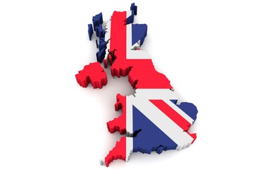 Country shape of Great Britain - 3D render of country borders filled with colors of Great Britain flag isolated on white background