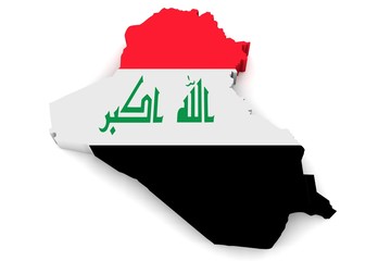 Country shape of Iraq - 3D render of country borders filled with colors of Iraq flag isolated on white background