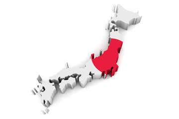 Country shape of Japan - 3D render of country borders filled with colors of Japan flag isolated on white background
