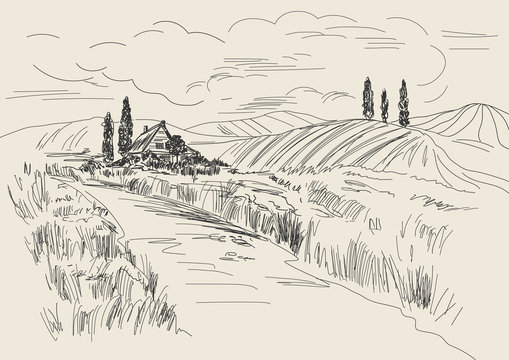 Hand drawn vector Illustration of wheat fields and village house. Ink drawing in vintage style.
