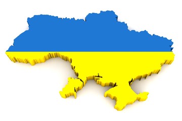 Country shape of ukraine - 3D render of country borders filled with colors of ukraine flag isolated on white background