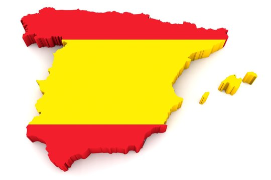 Country shape of Spain - 3D render of country borders filled with colors of Spain flag isolated on white background