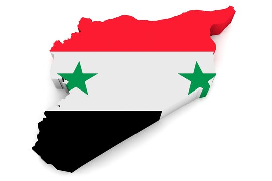Country shape of Syria - 3D render of country borders filled with colors of Syria flag isolated on white background