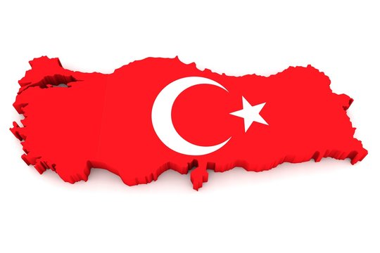 Country shape of Turkey - 3D render of country borders filled with colors of Turkey flag isolated on white background