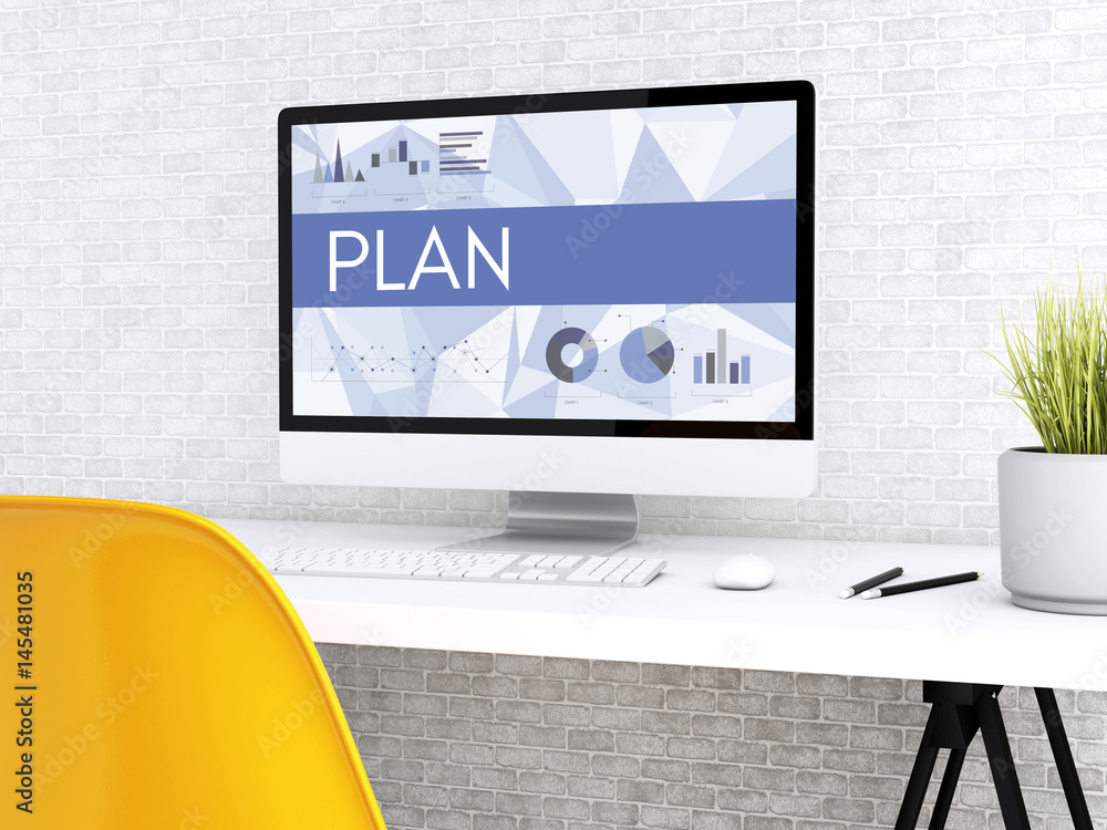 Poster 3d computer with word plan.