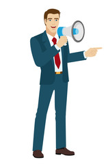 Businessman with loudspeaker pointing something beside of him