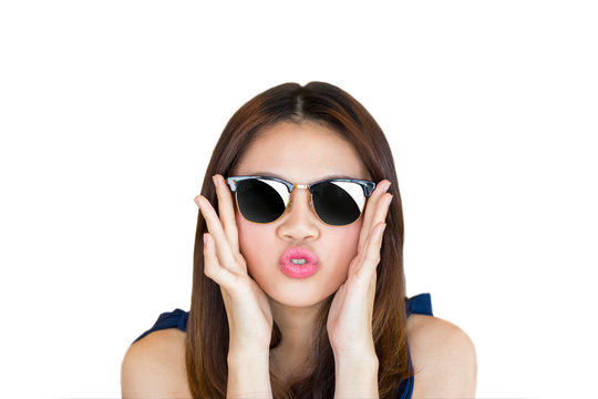 Asian woman wearing sun glasses with white background