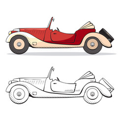 Obraz premium Retro car in cartoon style. Color and black line retro auto. Classic car cartoon set