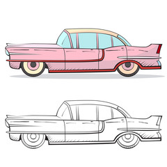 Retro car in cartoon style. Color and black outline retro auto. Classic car hand drawn set - 145482089