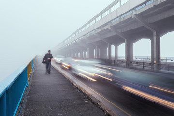 Fototapeta premium Metro bridge in Kiev in the fog 