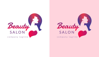Beauty salon logo design with female face and haircut for stylist brand. Modern gradient design for beauty poster with glamorous woman having stylish hair. Logo elements for two colours white and rose