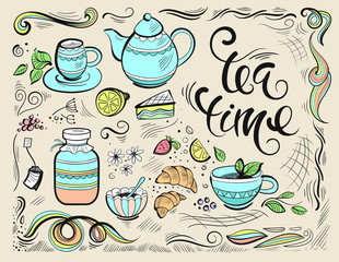 Hand drawn set, mugs, teapot, letters tea Time. Vector illustration.