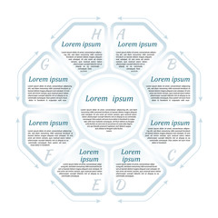 Circle infographic template with 8 steps and central element in form of a octagon. For presentation and design concept. Gray-blue shades. Vector illustration.