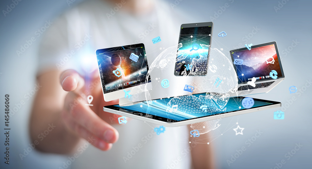 Poster businessman connecting tech devices to each other 3d rendering