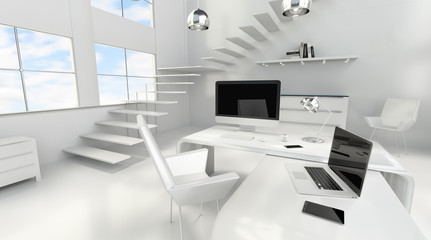 Fototapeta na wymiar Modern white office interior with computer and devices 3D rendering