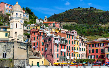 Fototapeta na wymiar View of Vernazza houses and blue sea, Cinque Terre national park, Liguria, Italy
