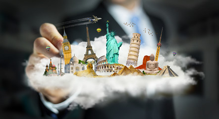 Businessman touching a cloud full of famous monuments with his finger 3D rendering