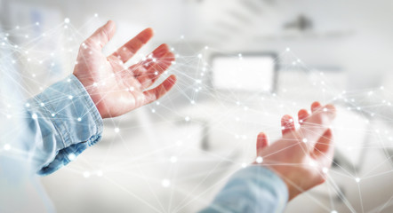 Dot flying network held by businessman 3D rendering