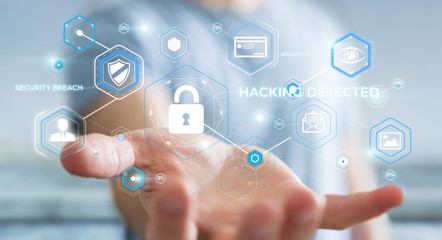 Businessman using antivirus to block a cyber attack 3D rendering