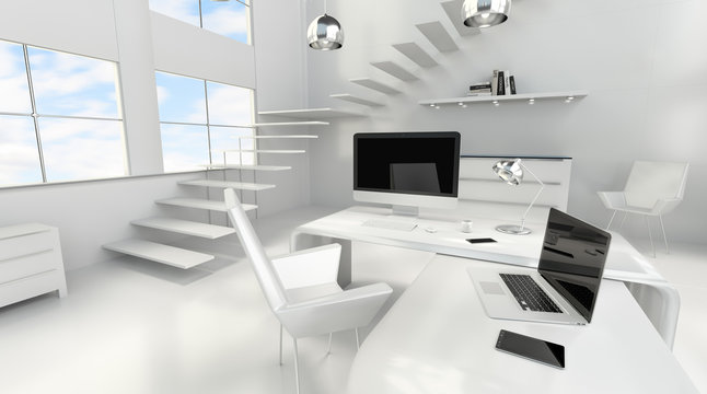 Modern white office interior with computer and devices 3D rendering