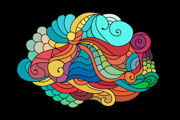 Colorful zentangle doodle sketch. Tattoo sketch. Ethnic tribal wavy vector illustration on black background.