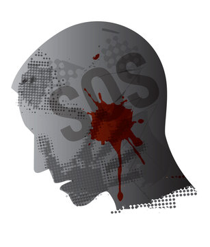 Man Victim of violence.
Young man grunge stylized silhouette with hand print on the face and Bloodstain. Vector available.
