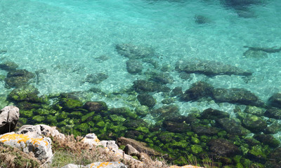 seashore of Cies islands in Galicia, Spain with transparent water