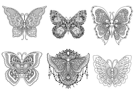 six butterflies design for tattoo, design element, t shirt design, adult or kids coloring book pages. Vector illustration