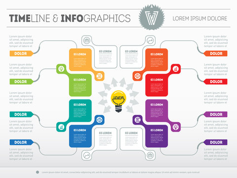 Business concept with 8 options - from idea to final product. Web Template of a chart, diagram. Vector infographic of technology or education process. Light bulb with inscription "idea".