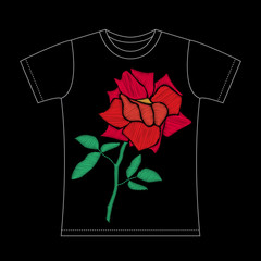 T-shirt Embroidery colorful floral. Embroidered red rose. Vector asymmetrical traditional fashion element on black background.