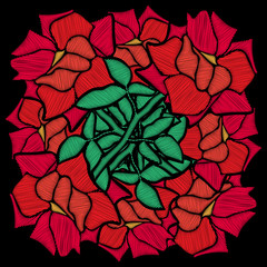 Red rose embroidery on a black background. Vector illustration. Design template. Floral pattern.
