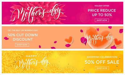 Mother Day Sale web banners with vector hearts and flowers