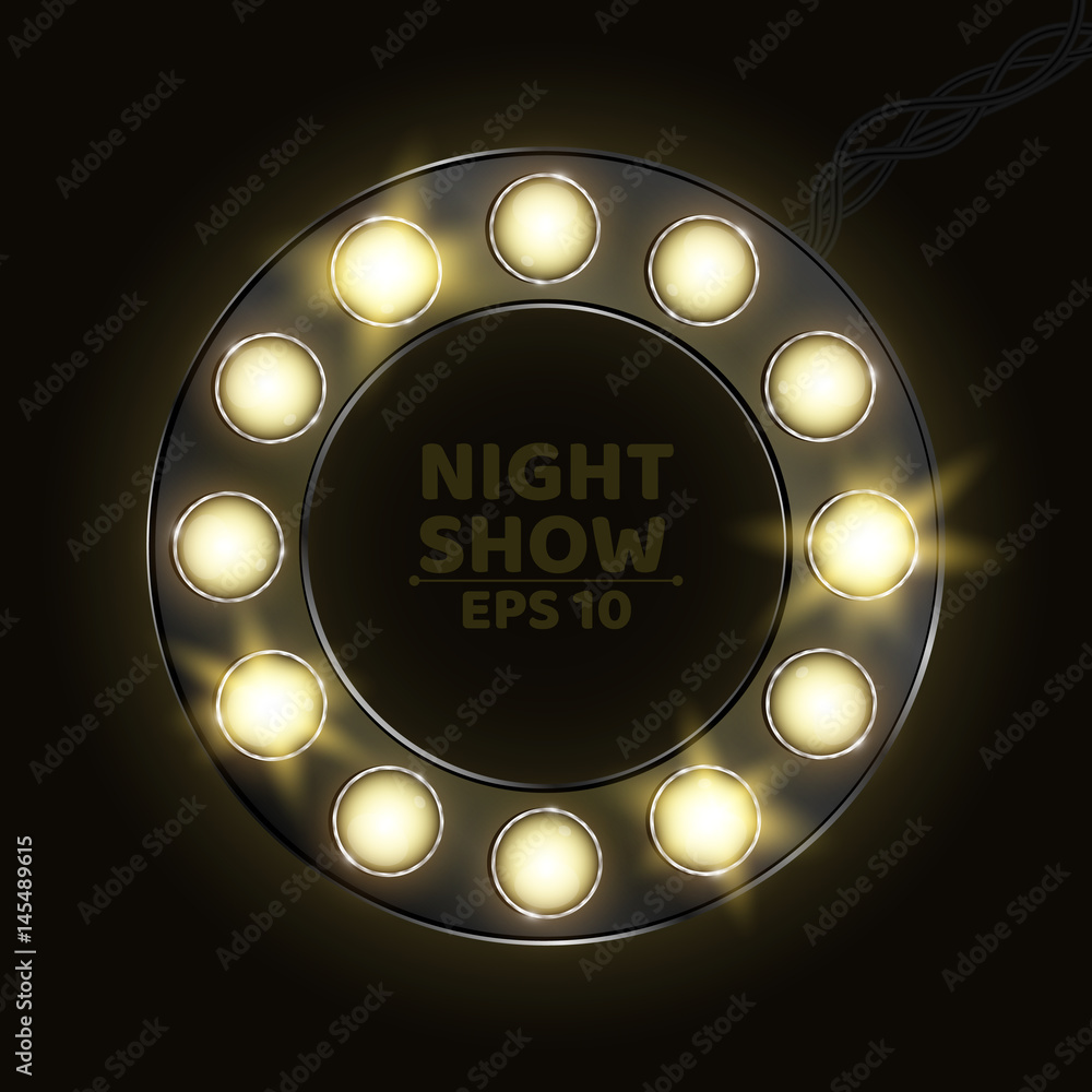 Aufkleber a realistic circle in retro style with wires and shining bulbs. round banner for different shows and