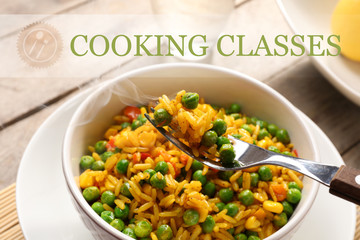 Delicious rice with vegetables in a bowl on table