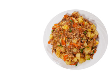 stewed potato with minced meat. top view. isolated on white