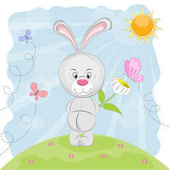 Obraz premium Cute rabbit with flower and butterflies on a meadow.