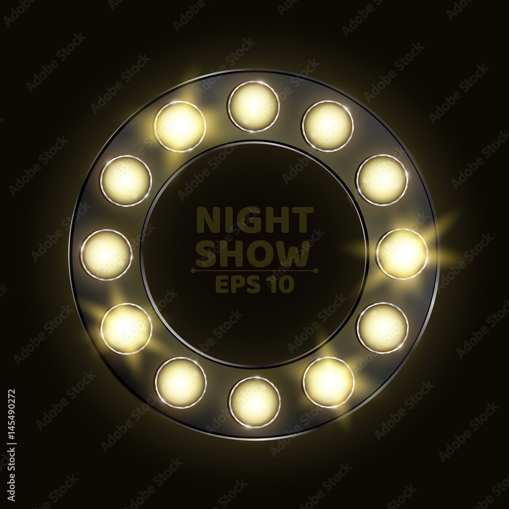 Poster a realistic circle in retro style with shining light bulbs. round banner for different shows and per