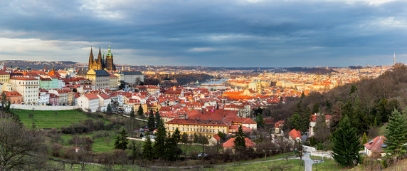 Panorama of Prague from Petrin hill. Concept of Europe travel, sightseeing and tourism. Czech Republic.