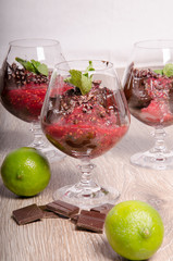 Raw chocolate mousse with raspberry sauce