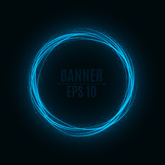 Abstract blue banner of swirling bands and particles. A fantastic circle. Magic funnel. Vector illustration on a dark background