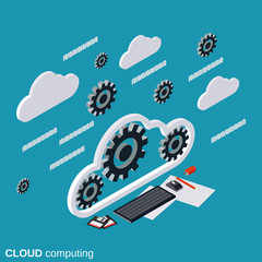 Cloud computing, network, data processing flat isometric vector concept illustration