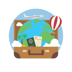 Travel concept. Earth in case passport tickets plane hot air balloon
