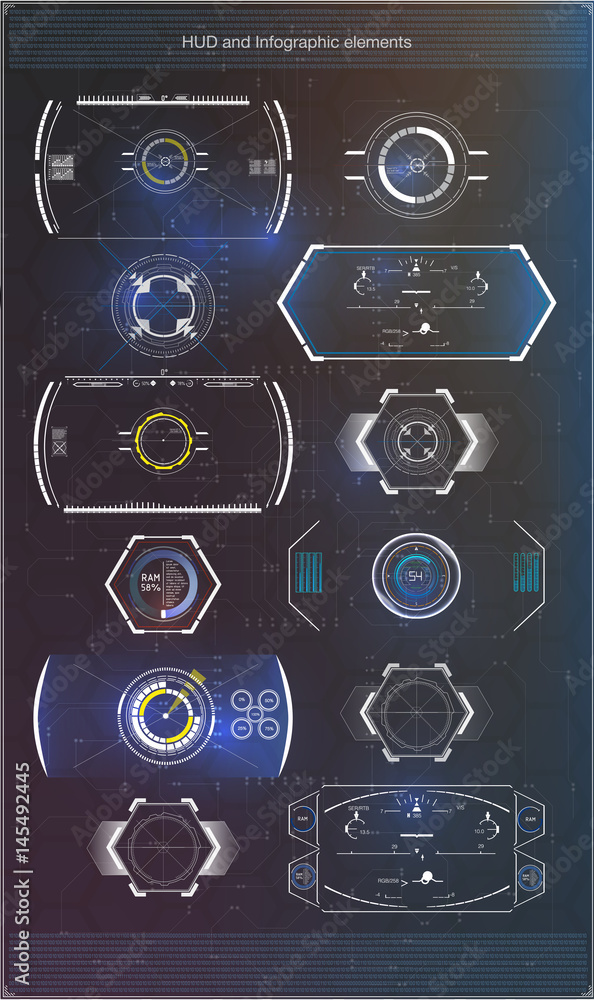 Poster set of futuristic blue infographics as head-up display. display navigation elements for the web and 